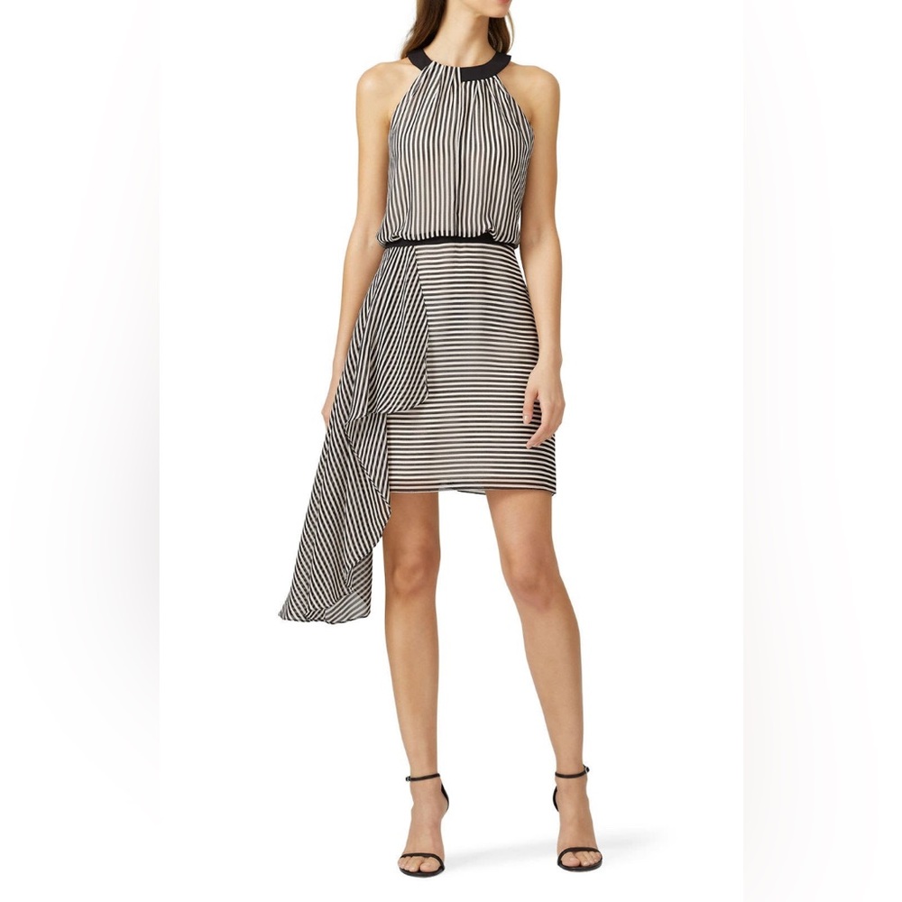 Halston Heritage Black & White Striped Asymmetrical Halter Dress